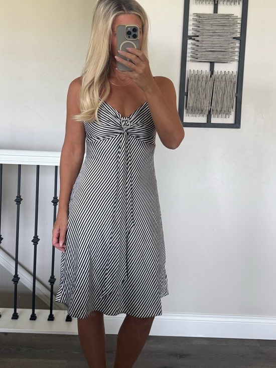 setre Dresses & Skirts - Setre Black and White Striped Twist-Front Midi Dress with rhinestone detail